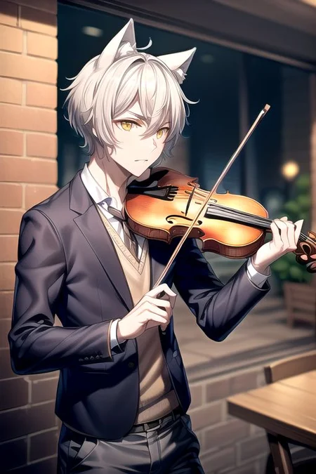 (masterpiece, intricate:1.3), (best quality, hires textures, high detail:1.2), (4k) 1boy, male, man, cat ears, no human ears, short hair, silver hair, yellow eyes, cargo pants, vneck, blazer, playing a violin