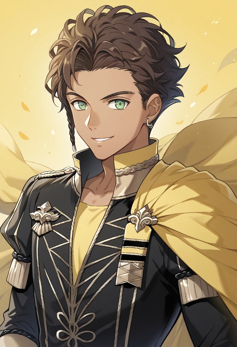 masterpiece,best quality,amazing quality, source_anime,
ClaudeVonRiegan, ClaudeVonRiegan, 1boy, male focus, solo, green eyes, brown hair, dark-skinned male, side braid, jewelry, earrings, garreg mach monastery uniform, shirt, yellow shirt, coat, black coat, high collar, epaulettes, side cape, yellow cape, smile,