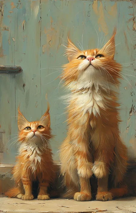 masterpiece,best quality,<lora:tbh161-sdxl:0.9>,illustration,style of Shaun Tan, cute Mainecoon cat and Abyssinian cat