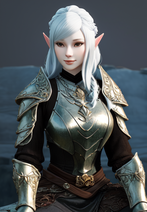 a woman, sfw, <lora:Snow_Elves-Female:0.8>, Snow_Elves-Female, 1girl, solo, armor, sitting, smile, portrait,, porcelain skin, diamond body, smooth, clear skin, (masterpiece, best quality, absurdres, detailed, ultra-detailed:1.3), gorgeous, (trending on CGSociety, trending on pixiv, contest winner:1.3)