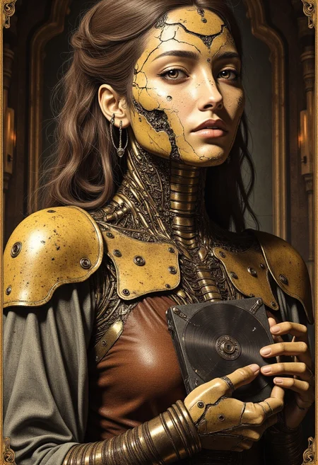 A waist-up post-apocalyptic portrait of a woman whose form is an intricate patchwork of cybernetic remnants and salvaged holy relics from a long-dead civilization. Her face, half-covered by a shattered golden mask, conceals the mismatched plating beneath, where rusted bolts and scavenged circuits hold her jaw together. Her throat, adorned with a repurposed sensor array, pulses faintly with a dying power source, illuminating her worn leather-and-metal armor. Her left arm, made from a mix of old exosuit components and hand-wrapped cloth, barely functions, its servos exposed and rattling with every movement. Her clothing is a mosaic of salvaged silks, worn combat armor, and woven wire, a personal shrine to the lost world she scavenges from. In her hands, she holds a broken hard drive, ancient data still flickering on its surface—perhaps the last remnants of forgotten knowledge.