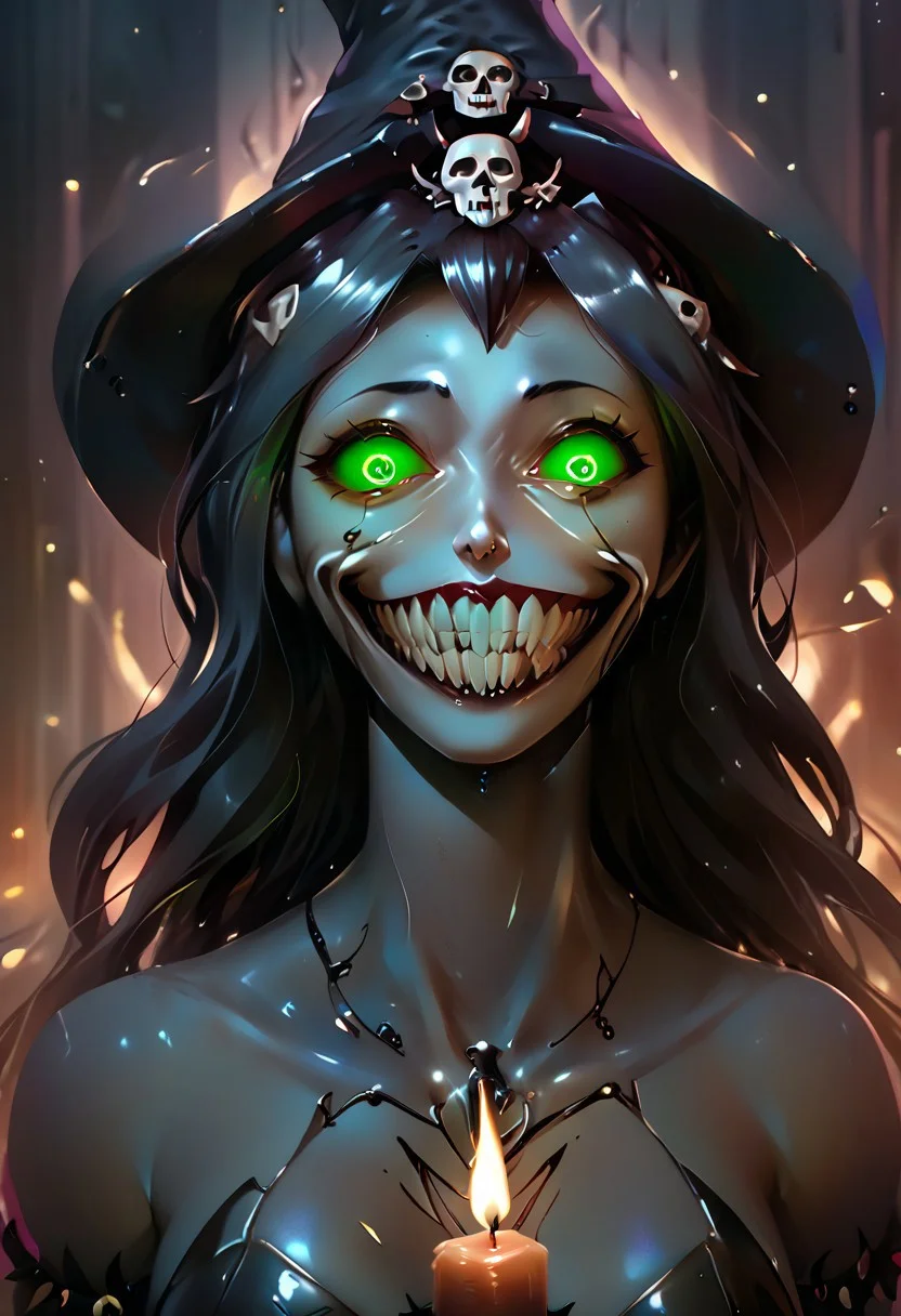 score_9, score_8_up, score_7_up,realistic,realistic style photo,cinematic light, film still,<lora:JuggerCineXL2:1.0>
rostran style, glowing, radiance, light art,horror (theme), eldritch abomination,detailed_eye_model
1girl, necromancer, solo,thin arms, narrow shoulders, petite, Black hair,wavy hair,glowing green eyes, cute, Kawaii,slim girl, Short,
sharp teeth, evil grin, green sclera, glowing eyes,
Jed-Wtchc, witch outfit, Pointed hat, black dress, striped stockings, Side slit on the dress,
in a dungeon, stand on a giant werewolf skull, the skull is in the middle of a pentagram, candles, candle lights, green candle lights,