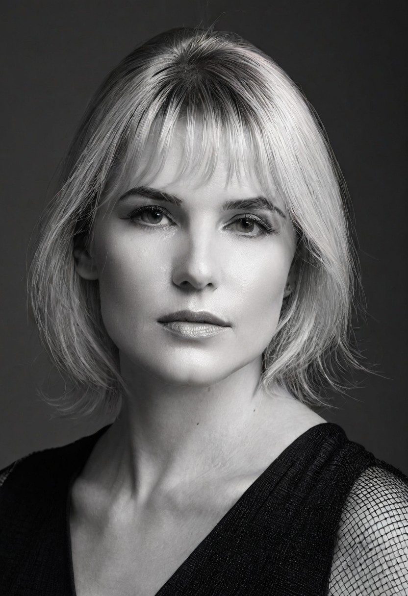 A striking monochrome portrait of a high-fashion model captured in a classic, Vogue-inspired photoshoot. The image focuses on her upper body, showcasing sharp bone structure and flawless skin illuminated by dramatic, high-contrast lighting. Shadows and highlights play artfully across her face. Her gaze is powerful and direct, exuding confidence and sophistication, with slightly parted lips that add a touch of allure.
Her hair is styled sleekly back, drawing attention to her expressive features and creating a sculpted silhouette against a soft, shadowed background. She wears minimal accessories - perhaps a single, elegant earring catching the light adding sophistication without distraction. The monochrome palette enhances the texture and contrast, giving her skin a smooth, almost ethereal glow, while the deep shadows add depth and mystery. The overall composition feels timeless and refined, embodying classic beauty and editorial poise with a touch of modern edge.. backinblack, grayscale, monochrome