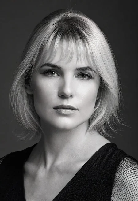 A striking monochrome portrait of a high-fashion model captured in a classic, Vogue-inspired photoshoot. The image focuses on her upper body, showcasing sharp bone structure and flawless skin illuminated by dramatic, high-contrast lighting. Shadows and highlights play artfully across her face. Her gaze is powerful and direct, exuding confidence and sophistication, with slightly parted lips that add a touch of allure.
Her hair is styled sleekly back, drawing attention to her expressive features and creating a sculpted silhouette against a soft, shadowed background. She wears minimal accessories - perhaps a single, elegant earring catching the light adding sophistication without distraction. The monochrome palette enhances the texture and contrast, giving her skin a smooth, almost ethereal glow, while the deep shadows add depth and mystery. The overall composition feels timeless and refined, embodying classic beauty and editorial poise with a touch of modern edge.. backinblack, grayscale, monochrome