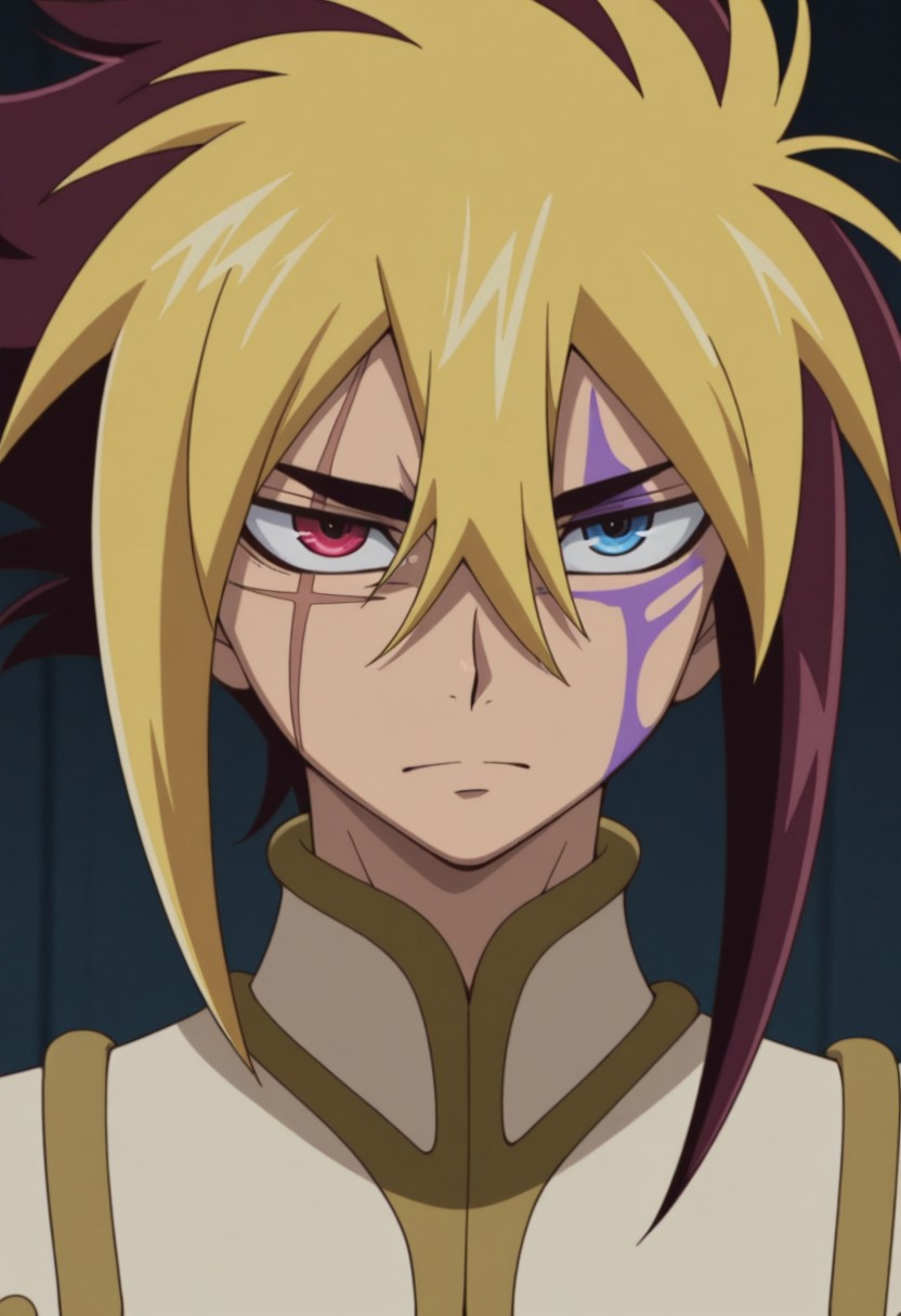 masterpiece,best quality,amazing quality, source_anime, 
Thomrclight, 1boy, male focus, solo, heterochromia, red eyes, blue eyes, scar across eye, purple facial tattoo, multicolored hair, brown hair, blonde hair,  coat, brown coat, portrait,