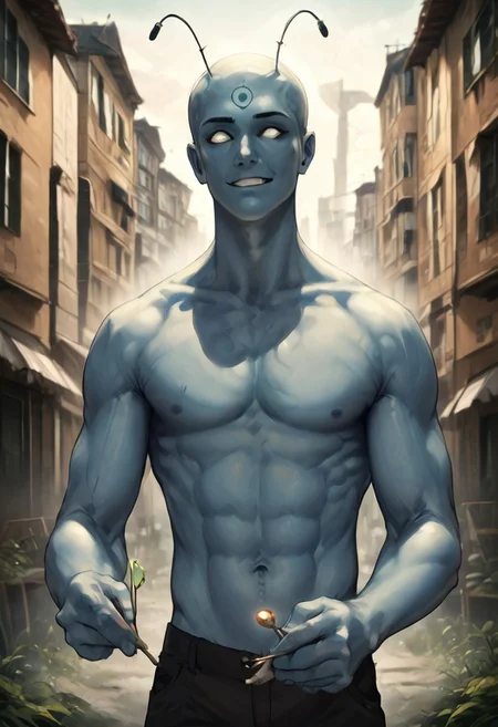 SFW, rating_all, score_10, score_8_up, score_7_up, beautiful, realistic, detailed, perfect, quality, vector, flat colors, masterpiece, drmanhattan as The Tick, 1boy, glowing, blue skin, bald, white eyes, no pupils, ((bug antennas)), smiling, teeth, ((grinning)), white moth flying, cityscape, outdoors, nighttime, nude, muscular, moon, cowboy shot, holding up a spoon