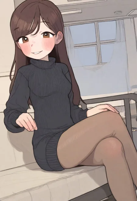 masterpiece, best quality, 1girl, <lora:BekBry:0.8> bekbry, brown eyes, brown hair, long hair, swept bangs, petite, black sweater, sweater dress, sweater pulled up with hands, breasts showing, pantyhose, sitting, crossed legs, dutch angle, looking at viewer, smile, parted lips, apartment, living room, window with railing, <lora:PossumMachine_v2:0.9> possmach, traditional media, colored pencil \(medium\), graphite \(medium\), petite,