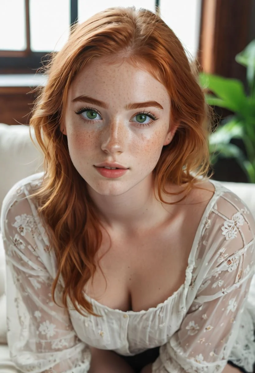 bright sunlight, portrait, beautiful woman, 20 years old, green eyes, (black bold eyeliner, makeup:1.3), freckles, soft smile, shoulder length ginger hair at side, ear, see through loose blouse, cleavage, kneeling, living room, knee high socks, petite body, beautiful legs, realistic soft skin, looking at viewer, top view,
hyper detailed, analog photo, Cinematic,