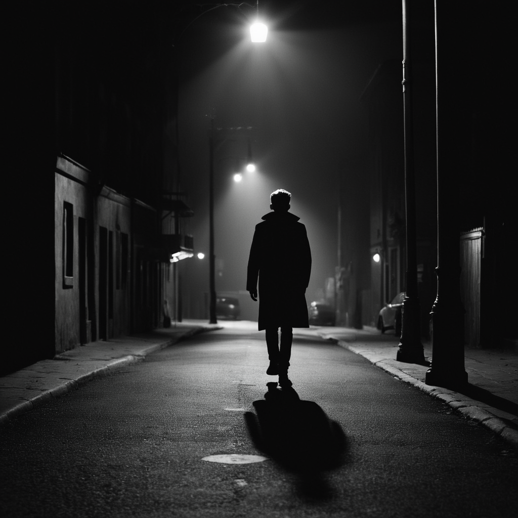 cinematic film still of  <lora:Low-key lighting Style:1>
dim light, low light, dramatic light, partially covered in shadow, a person walking down a street at night Low-key lighting Style,solo,1boy,standing,monochrome,greyscale,from behind,shadow,scenery,1other,walking,sign,light,road,dark,lamppost,road sign, shallow depth of field, vignette, highly detailed, high budget, bokeh, cinemascope, moody, epic, gorgeous, film grain, grainy