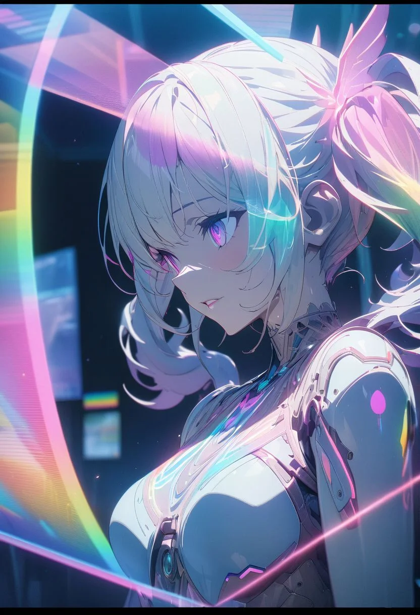 gorgeous lips, cinematic, (masterpiece), (best quality), (ultra-detailed), very aesthetic, illustration, perfect composition, intricate details, absurdres, detailed face, (anime, masterpiece, intricate:1.3), (best quality, hires textures, high detail:1.2), (4k),(incredibly detailed:1.4)
Hologram girl, hologram, no humans, outline only, wireframe, glowing wireframe, pretty girl, rainbow hologram, futuristic, transparent body, void body, only outline neon tube, twintails, low twintails, fluffy hair, rainbow colors, small wings, aesthetic grid, silhouette ,more_prism background, vibrant color, more_details:1.5