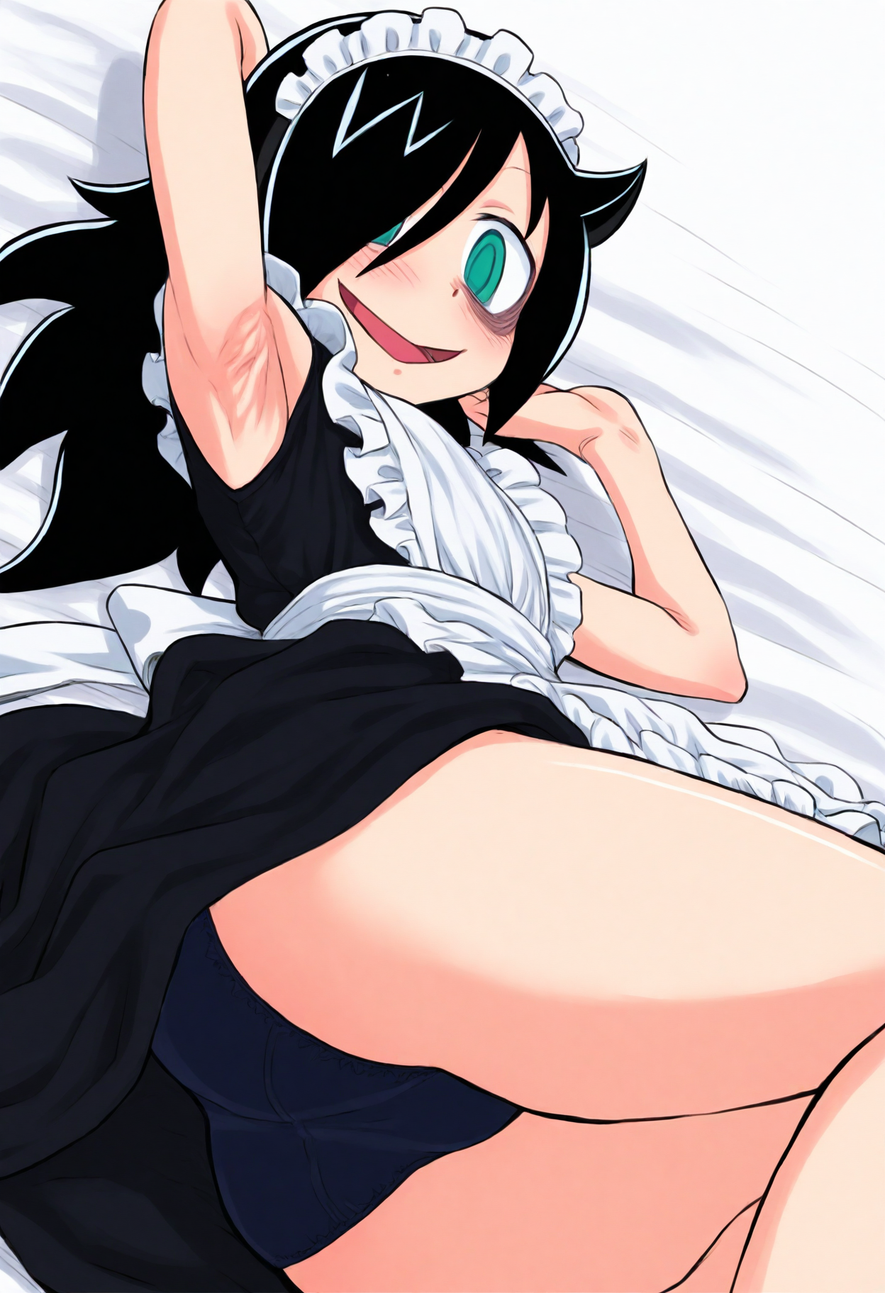 <lora:DittoHead7-8:1>
very aesthetic, from side, from below,
(perfect quality, best quality, masterpiece, absurdres, newest),
1girl, kuroki tomoko, bags under eyes, black hair, maid headdress, green eyes, armpits, horns, long hair, maid apron, smile, blush, lying, clothes lift, on back, black dress, enmaided, open mouth, alternate costume, hair over one eye, panties, looking at viewer, (arm behind head:1.2), frills