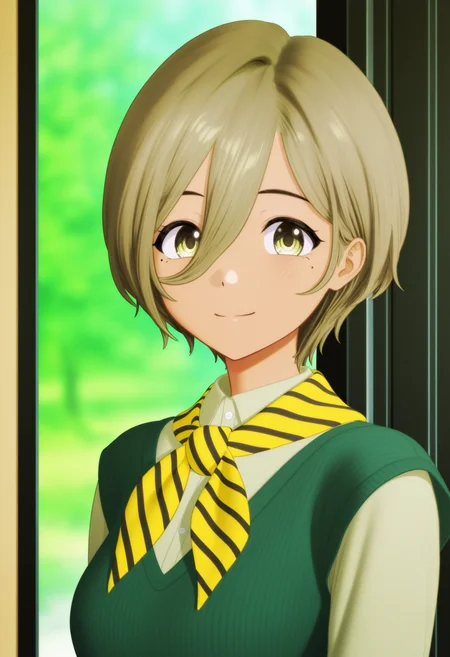 GBC_RUPA,1girl,yellow eyes,hair between eyes,gray green hair,short hair,green sweater vest,yellow striped scarf,solo,looking at viewer,upper body,shirt,mole under eye,vest,closed mouth,brown hair,smile,neckerchief,<lora:GBC_RUPA_illustrious-000042:1>