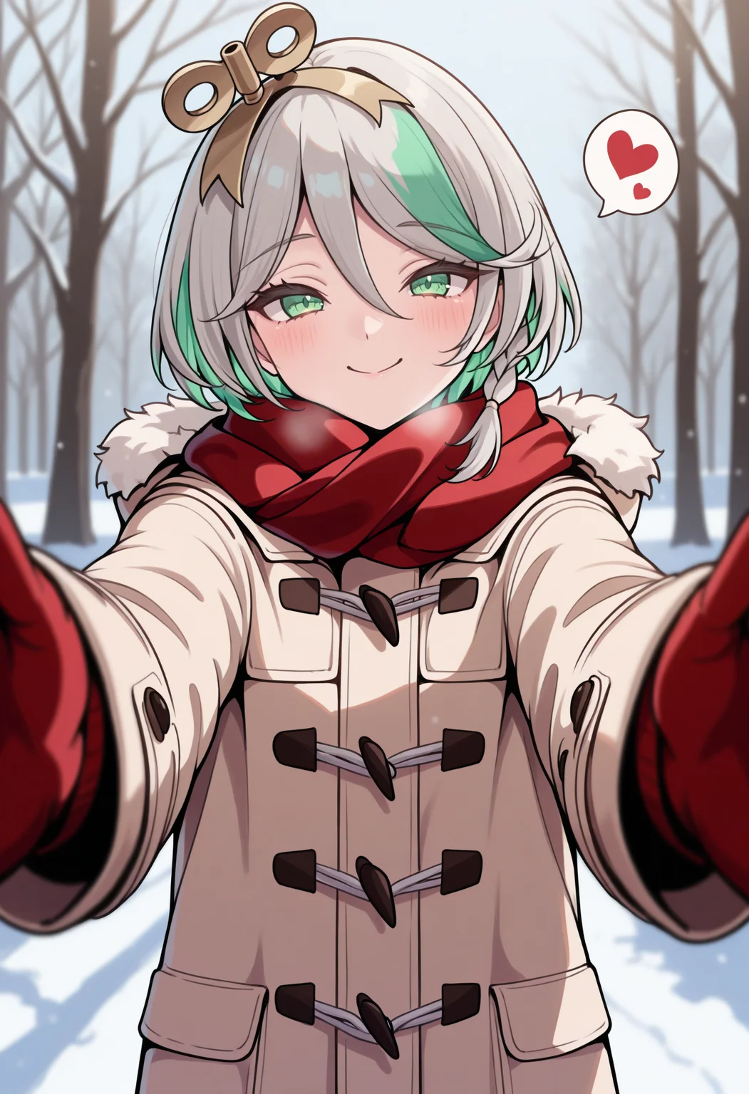 masterpiece, best quality, 1girl, solo, CeciliaImmergreen, green eyes, winding key hair ornament, doll joints, grey hair, colored inner hair, streaked hair, short hair, side braid, pov, foreshortening, upper body, winter clothes, duffel coat, red gloves, red scarf, reaching towards viewer, pov cheek warming \(meme\), blush, smile, romantic ambiance, spoken heart, <3, <lora:ChamCeciliaImmergreenIllustriousXL:1>
