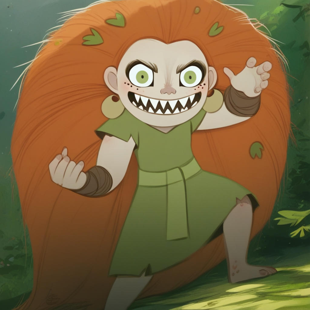 score_9, solo, 1girl, mebh, orange hair, long hair, green eyes, freckles, sharp teeth, looking at viewer, outdoors
