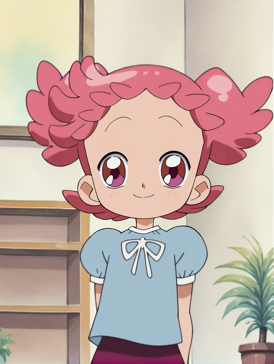 score_9, score_8_up, score_7_up, score_6_up, score_5_up, score_4_up,source_anime,anime screencap,retro artstyle,1girl,flat chested,glistening body,shiny_skin,dewy skin,BREAK
<lora:pop_v1:1> harupop,pink hair, short hair, blue shirt, short sleeves, puffy sleeves,smile,inside, living room, looking at viewer, pink eyes,upper body, head tilt, hands behind back,