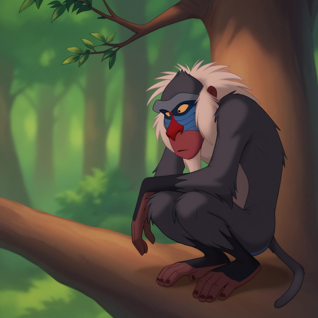 score_9, score_8_up, score_7_up, score_6_up, score_5_up, score_4_up, source_furry, rafikiLK, semi-anthro, male, primate, monkey, grey fur, white hair, black eyes, yellow sclera,  forest,squatting, on a tree branch