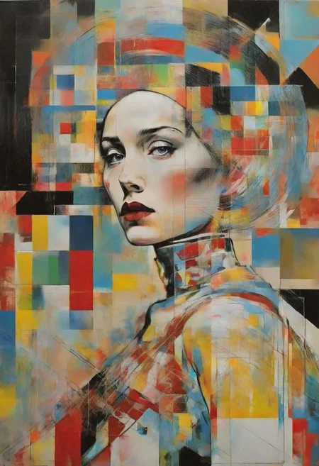 Dali, Malevitch, Rodchenko, Mondrian, Kandinsky, psychedelic hallucination, pop surrealism, rough crosshatch drawing pop art Lunatic_Portrait of a girl in latex, slick back, low bun, black makeup, sinister expression, intense glare, avant-garde, abstract, weird, geometric, constructivism, suprematism, rayonism, verticism, lineism, tj