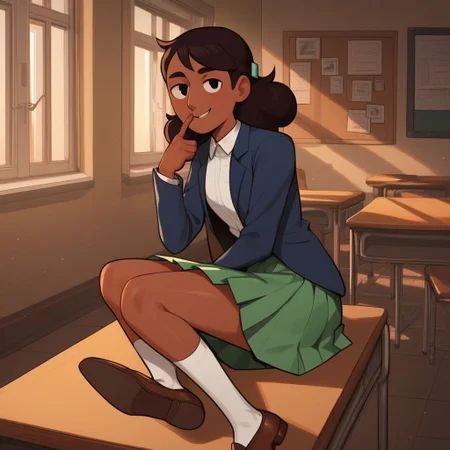 score_9, score_8_up, score_7_up, score_6_up, score_5_up, score_4_up, BREAK, source_anime, connie_maheswaran, indoors, smile, sitting, feet on desk, school uniform, feet up, blue blazer, white shirt, green skirt, white socks, brown shoes finger on chin, sitting at desk, feet on desk