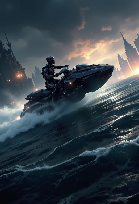 nistyle, a_skynet_cyberdyne_craft, the image is featuring a terminator endoskeleton riding a jet ski at speed on a stormy ocean, silhouetted, chiascuro