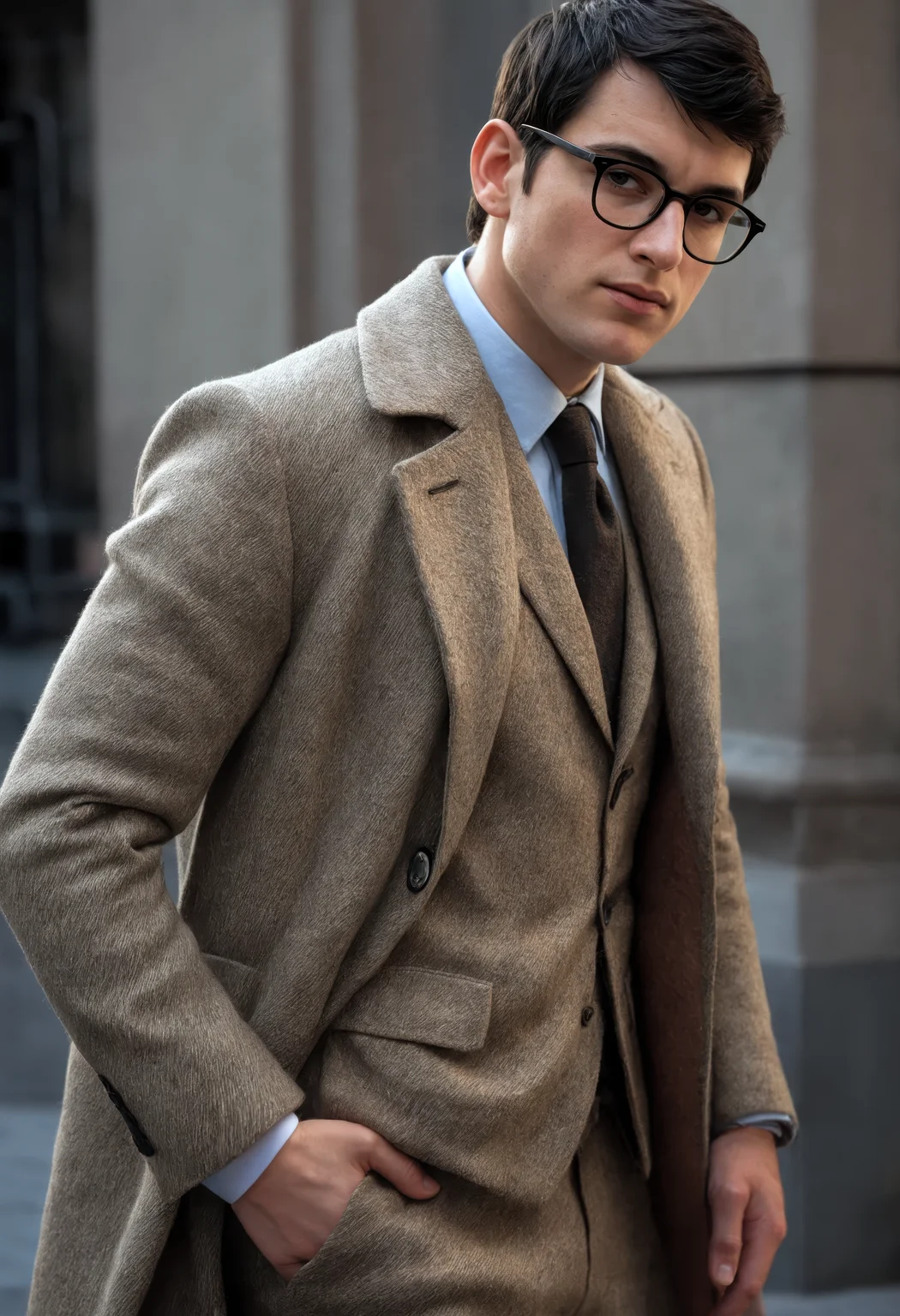 (8k, RAW photo, professional, masterpiece:1.2), (realistic, photo-realistic:1.37), ultra-detailed, (high detailed skin:1.2), detailed face and body, cinematic lighting, (Arthur Tweed suit, overcoat:1.2), (Wearing glasses:1.2), (short hair), 18yo, 1man, Italian, black hair, Walking