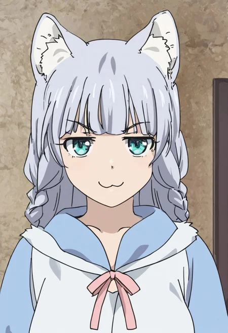 source_anime, score_9, shigure \(kemono michi\), solo, standing, smug, wolf girl, wolf ears, wolf tail, upper body, adult,
