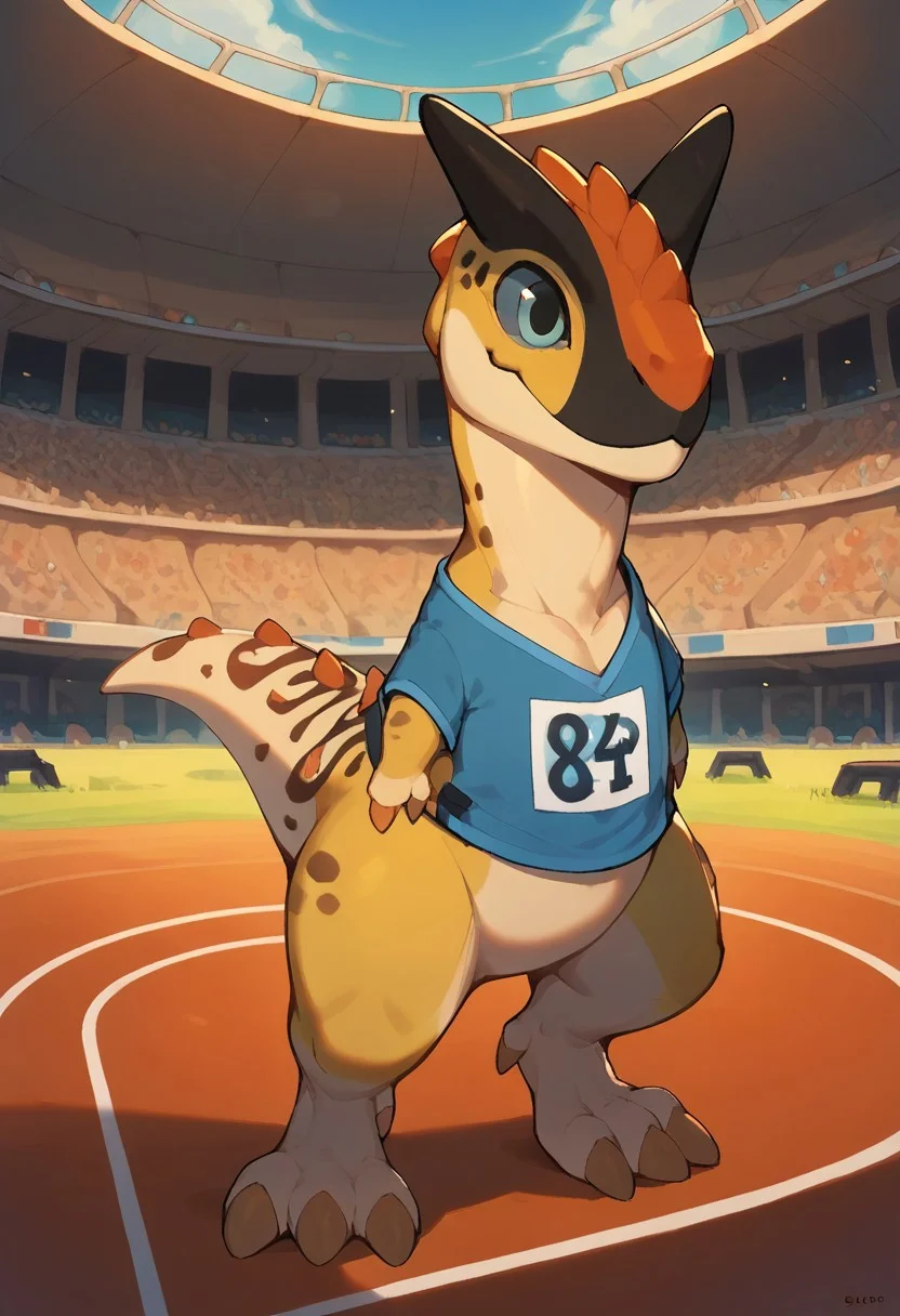 score_9, score_8_up, score_7_up, (solo), 1boy, solo, chip, male, carnotaur, yellow skin, blue eyes, 3 fingers, 3 toes, small arms, blue t-shirt with number 84, black horns, stadium