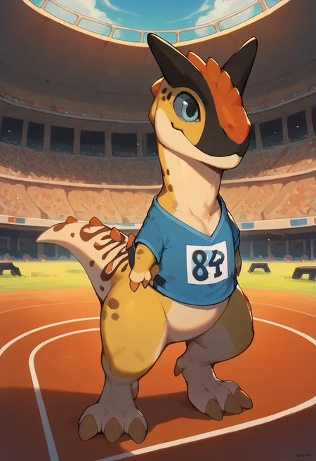 score_9, score_8_up, score_7_up, (solo), 1boy, solo, chip, male, carnotaur, yellow skin, blue eyes, 3 fingers, 3 toes, small arms, blue t-shirt with number 84, black horns, stadium