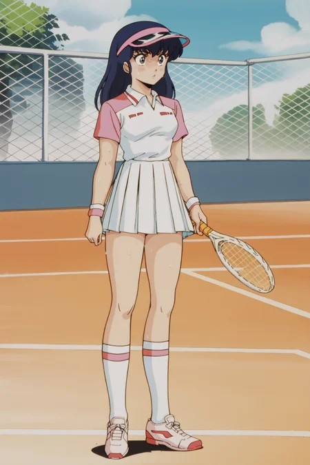 score_9, score_8_up, score_7_up, anime screencap, Retro artstyle, 1980s (style),
<lora:Pony_DetailV2.0:3>
on a tennis court,
<lora:Kyoko_Otonashi:.8>Kyoko tennis outfit, Kyoko Otonashi, blue eyes, long hair, purplish-blue hair, tennis uniform, pleated skirt, short sleeves, socks, shoes, visor cap, girl holding a tennis racket with both hands,
full body shot, serious look, sweat on forehead,
