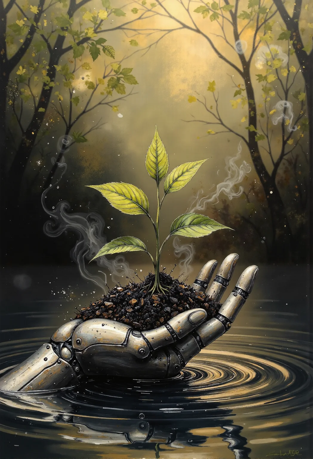 A finely drawn and painted masterpiece celebrating the preservation of life: An elegant, intricately detailed robotic hand rises gently from calm water. Its delicate metallic fingers cradle a small mound of rich, fertile soil, from which a tender green seedling with two vibrant leaves emerges. The water reflects the scene softly, while masterfully crafted lighting accentuates the luminous green of the sprout, contrasting with the sleek, metallic surface of the hand. A subtle mist and smooth color transitions add a nearly spiritual atmosphere, where nature and technology merge in perfect harmony. <lora:we-br-v2.safetensors:0.7>, <lora:Exogenous.safetensors:0.7>, <lora:paintart-style-006-v1-0-flux.safetensors:0.5>,