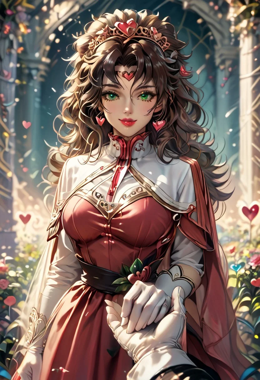 zPDXLxxx ((score_9, score_8_up, score_7_up)), masterpiece, perfect anatomy, perfect face, 1girl, solo, roguexmxl, valentinenaturestyle BREAK green eyes, lipstick, brown hair, two-tone hair, white hair, long hair, messy hair, big breasts BREAK red dress, love dress, elbow gloves, white gloves, heart choker, looking at viewer, tiara, holding hands, solo focus, pov hands, out of frame, happy, smile, closed eyes BREAK indoors, valentine decorations