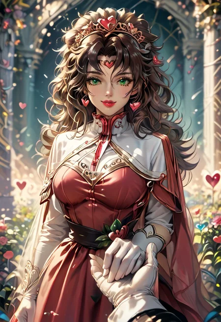 zPDXLxxx ((score_9, score_8_up, score_7_up)), masterpiece, perfect anatomy, perfect face, 1girl, solo, roguexmxl, valentinenaturestyle BREAK green eyes, lipstick, brown hair, two-tone hair, white hair, long hair, messy hair, big breasts BREAK red dress, love dress, elbow gloves, white gloves, heart choker, looking at viewer, tiara, holding hands, solo focus, pov hands, out of frame, happy, smile, closed eyes BREAK indoors, valentine decorations