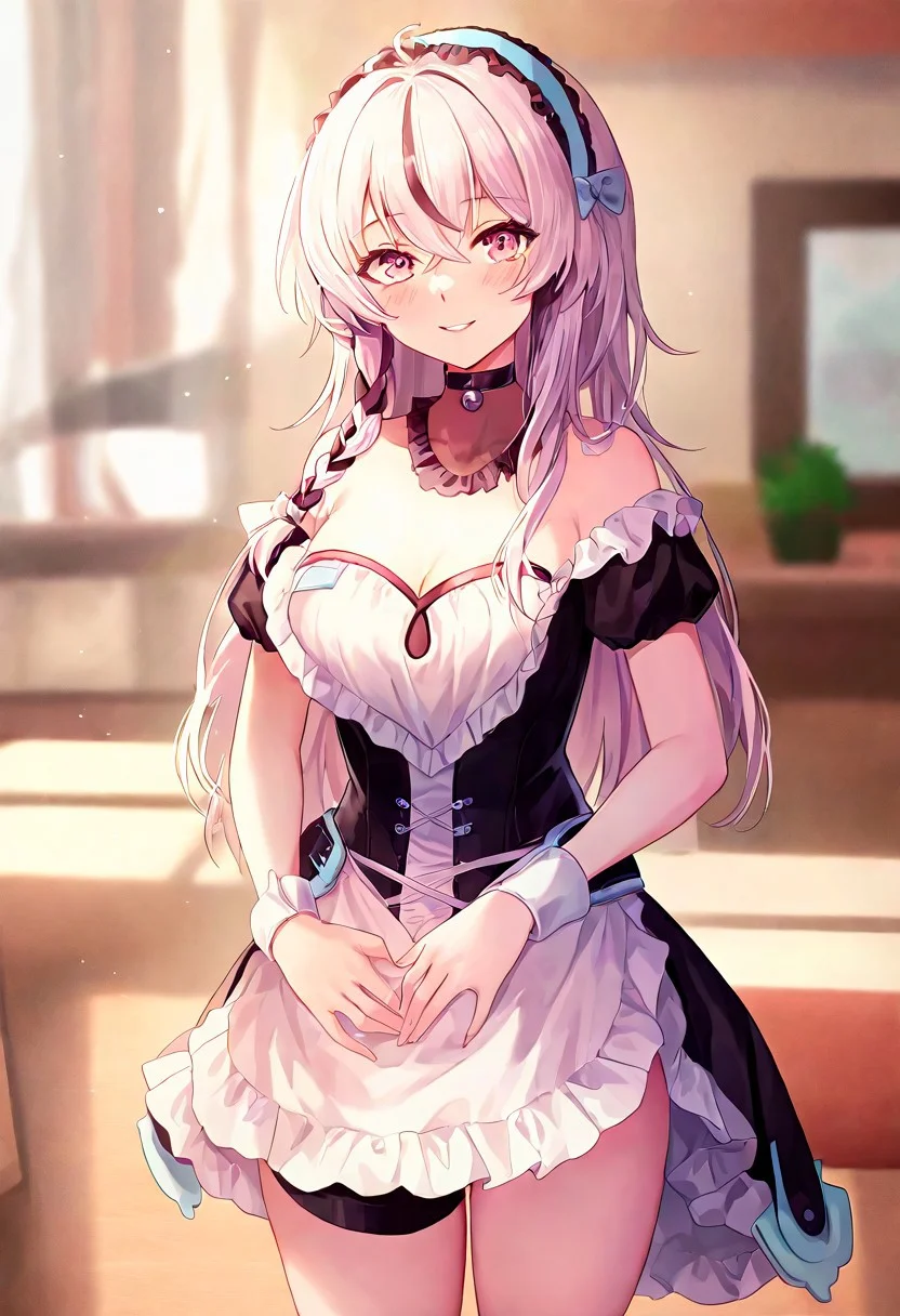blurred background,
smile,
looking at viewer,
solo,
cherno maid,
standing,
masterpiece,best quality,good quality,newest,
