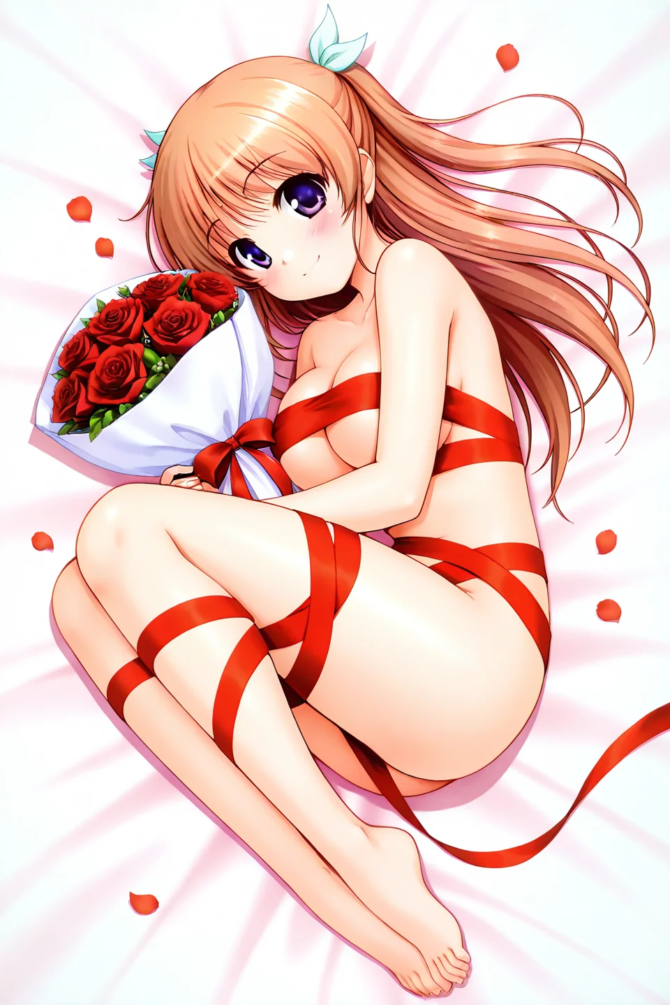 masterpiece, best quality, absurdres, official art, official style, rating general BREAK <lora:shirasakitsugumi_IL_v1-1:0.7>, shirasaki tsugumi, 1girl, solo, purple eyes, blue eyes, light brown hair, long hair, two side up, half updo, hair ribbon, white ribbon, light green ribbon, medium breasts, large breasts, full body, nude, naked ribbon, red ribbon, collarbone, cleavage, covered nipples, underboob, convenient censoring, legs, barefoot, smile, blush, lying, on side, holding bouquet, red rose, white rose, looking at viewer, petals, from above, from side, closed mouth, messy hair