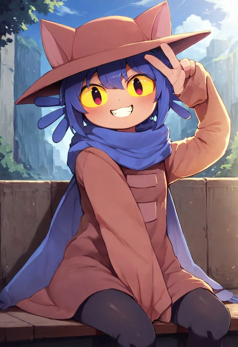 <lora:Niko:1>,(score_9,score_8_up,score_7_up),1girl, solo, niko \(oneshot\), slit pupils,yellow sclera, cat hat, blue scarf, brown dress, long sleeves, black legwear, looking at viewer, big grin, arm above head, v, sitting at a bench, anime style, beautiful detailed skin, beautiful eyes, detailed face, best quality, high quality,