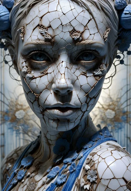 Close-up porcelain face, mysterious silhouette of a porcelain woman in worn down porcelain clothing, white and blue porcelain, alluring goddess, by Minjae Lee, Carne Griffiths, Emily Kell, Steve McCurry, Geoffroy Thoorens, Aaron Horkey, Jordan Grimmer, Greg Rutkowski, amazing depth, double exposure, surreal, geometric patterns, intricately detailed, bokeh, perfect balanced, deep fine borders, artistic photorealism , smooth, great masterwork by Suiras <lora:add-detail-xl:2> <lora:Double_Exposure:0.5>