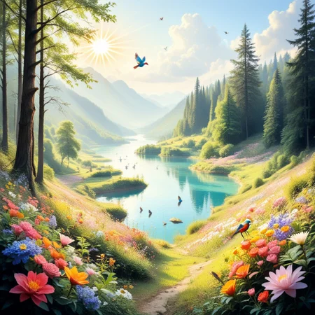 score_9, score_8_up, score_7_up, RI1, forest, blue sky, birds, flowers, sunshine, lake, high contrast, high definition, Rim Lighting