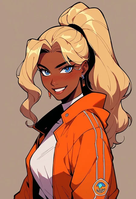 score_9, score_8_up, score_7_up, score_6_up, jdc_style, 1girl,shinny skin, egirlpfp,lineart,looking at viewer, proud,orange jacket, white shirt, blush, dark skin,blonde, long hair, high ponytail,shinny skin,comb oneself,claveaje,subtle smile,