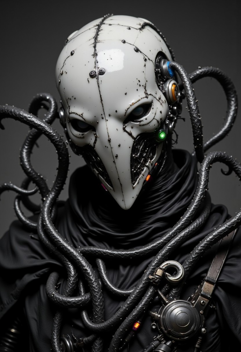 enistyle, A monochrome Vintage Closeup Portrait of the helmet depicting a imposing, Pristine White Sci-fi knight,. intricate Closeup of His perfect designed translucent helmet and armor, The cloak is draped over a black, with exposed wires and mechanical parts visible at her shoulders.. The Warrior is covered in long, dark, sinuous tendrils that resemble tentacles, emerging from its back and wrapping around its arms, adding a menacing, alien quality. These tendrils are covered in small, metallic hooks and are attached to the figure's back, creating a chaotic, almost monstrous appearance. Her helmet is a futuristic, with multiple lines suggesting motion or energy discharges. bleaked neon pink, Green, blue, orange atmospheric neon lighting,