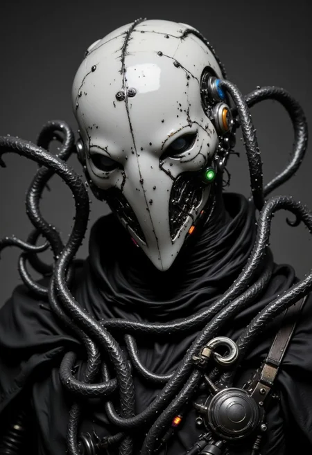 enistyle, A monochrome Vintage Closeup Portrait of the helmet depicting a imposing, Pristine White Sci-fi knight,. intricate Closeup of His perfect designed translucent helmet and armor, The cloak is draped over a black, with exposed wires and mechanical parts visible at her shoulders.. The Warrior is covered in long, dark, sinuous tendrils that resemble tentacles, emerging from its back and wrapping around its arms, adding a menacing, alien quality. These tendrils are covered in small, metallic hooks and are attached to the figure's back, creating a chaotic, almost monstrous appearance. Her helmet is a futuristic, with multiple lines suggesting motion or energy discharges. bleaked neon pink, Green, blue, orange atmospheric neon lighting,