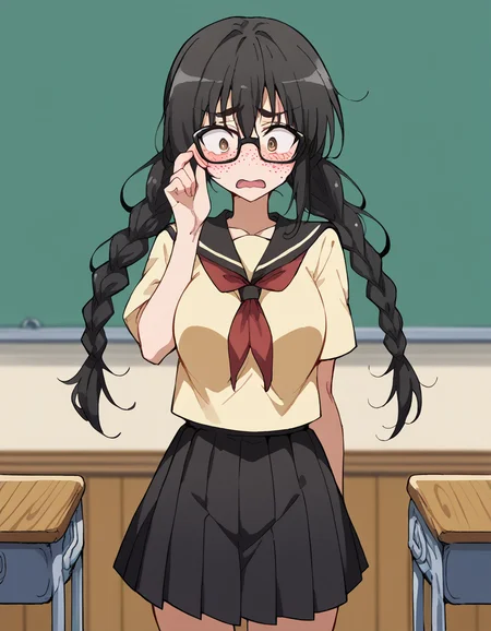 score_9, score_8_up, score_7_up, source_anime, <lora:yui-kotegawa-darkness-ponyxl-lora-nochekaiser:1>, yui kotegawa, black hair, brown eyes, long hair, large breasts, <lora:jimiko-ponyxl-lora-nochekaiser:1>, jimiko, glasses, black-framed eyewear, messy, unkempt, thick eyebrows, twintails, braids, freckles, baggy eyes,, blush, open mouth, embarrassed, classroom, adjusting eyewear, serafuku, black serafuku, red neckerchief, skirt, black skirt, pleated skirt, cowboy shot, <lora:averting-eyes-ponyxl-lora-nochekaiser:1>, averting eyes,