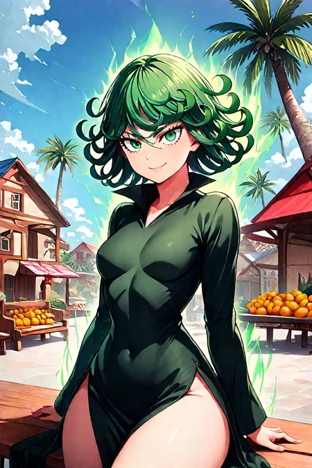 masterpiece, best quality, absurdres, medium breasts, (curvy), cute, eyelashes, vivid colors, BREAK, ,,, , ,,, Tatsumaki, green eyes, green hair, glowing, green glow, aura, energy, <lora:TatsumakiIXL:1.0>, ,,, , ,,, sitting on bench, side view, smile, looking at viewer, cowboy shot, ,,, zzDelfinoPlaza, sky, day, cloud, blue sky, building, palm tree, small house, small fruit stand, pineapples, coconuts, <lora:Delfino_Plaza_SDXL_v2:0.8>, <lora:CatalystIXL:0.8>,