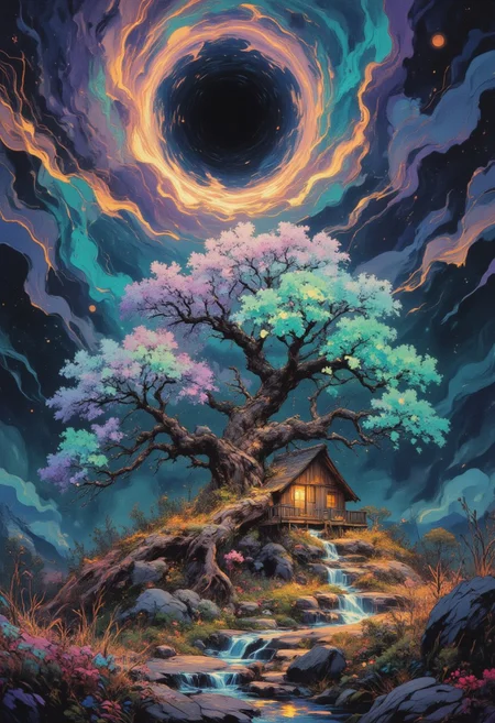 A breathtaking, hyper-detailed masterpiece, HD, 8K quality, depicting a luminous bonsai tree of colossal proportions, its intricate branches twisting and curling in random, surreal patterns. The tree glows softly with ethereal hues of turquoise, lavender, and gold, its luminous leaves shimmering like delicate gemstones. Beneath its sprawling canopy, the roots curve and intertwine, forming a labyrinthine structure that glows faintly, as if imbued with the life force of the land itself.
Above, a massive black hole looms in the vibrant sky, its edges swirling with vivid streaks of violet and deep gold, pulling in fragments of light and casting an eerie, otherworldly glow over the scene. The black hole’s gravitational pull subtly distorts the atmosphere, creating rippling, dreamlike waves of light and shadow across the luminous landscape.
Nestled beside the towering bonsai tree is a small, rustic house with a curved roof, glowing windows, and an inviting, warm light emanating from within. The house's simplicity contrasts beautifully with the fantastical surroundings, its wooden walls blending naturally into the luminous land. The ground is covered in radiant grass and flowers that emit a soft bioluminescent glow, while streams of liquid light meander across the terrain, creating an otherworldly, enchanted ambiance.