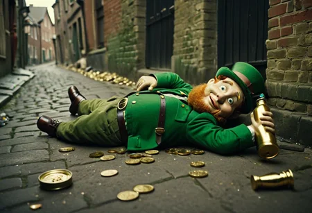 cinematic still an image of a (completely drunk) solitary leprechaun lying in a back street, dirty, (empty bottles rolling around), his pockets bulging with gold coins. depressing, vignette, 4k epic detailed, shot on kodak, 35mm photo, sharp focus, high budget, cinemascope, moody, epic, gorgeous, film grain, grainy, clear, epic, cinematic, professional, sincere, thought, artistic, sharp focus