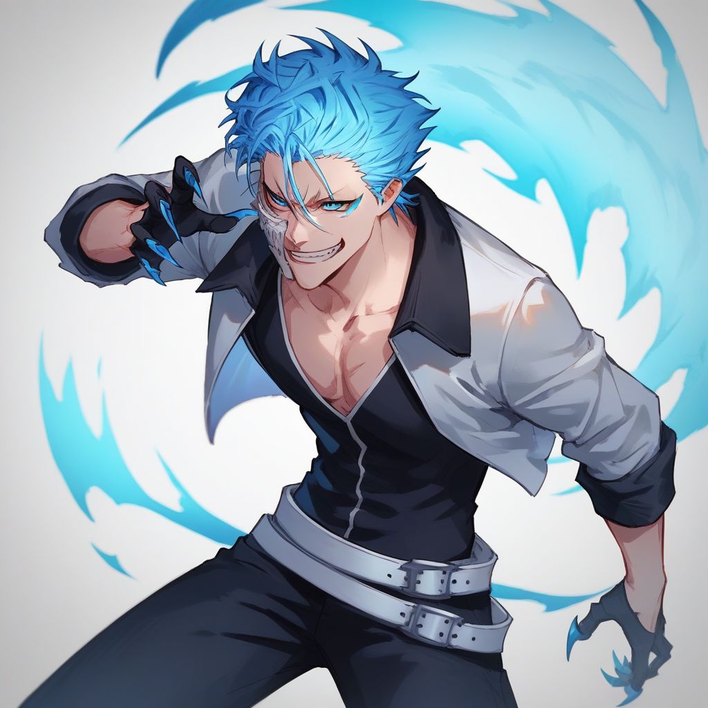 Grimmjow, blue hair, blue eyes, white crop jacket, black shirt, black hands, claws, black pants, white belt, score_9, score_8_up, score_7_up,  source_anime, expressive face, speedlines, dynamic movements, ultra-detailed,highres,8k,perfect body,intricate details,depth of field, blue energy, lunge