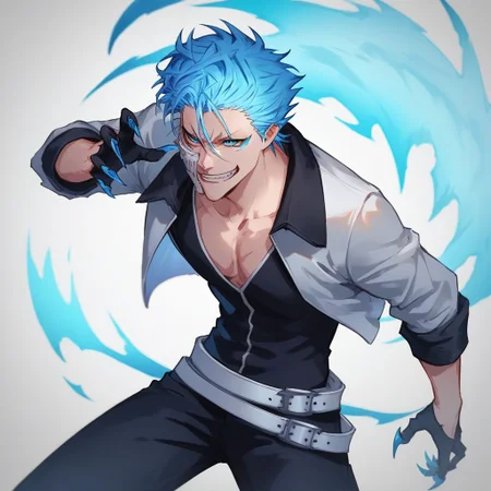 Grimmjow, blue hair, blue eyes, white crop jacket, black shirt, black hands, claws, black pants, white belt, score_9, score_8_up, score_7_up, source_anime, expressive face, speedlines, dynamic movements, ultra-detailed,highres,8k,perfect body,intricate details,depth of field, blue energy, lunge
