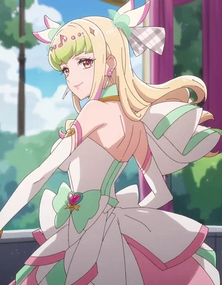 score_9, score_8_up, score_7_up, anime screencap, solo,1girl,curezukyoon, solo, gloves,elbow gloves, jewelry, idol, dress, earrings, musical note, bow, white gloves, smile, looking at viewer, bracelet, hair ornament, makeup, magical girl,large breasts,,from behind,<lora:curezukyoon_pony:0.8>