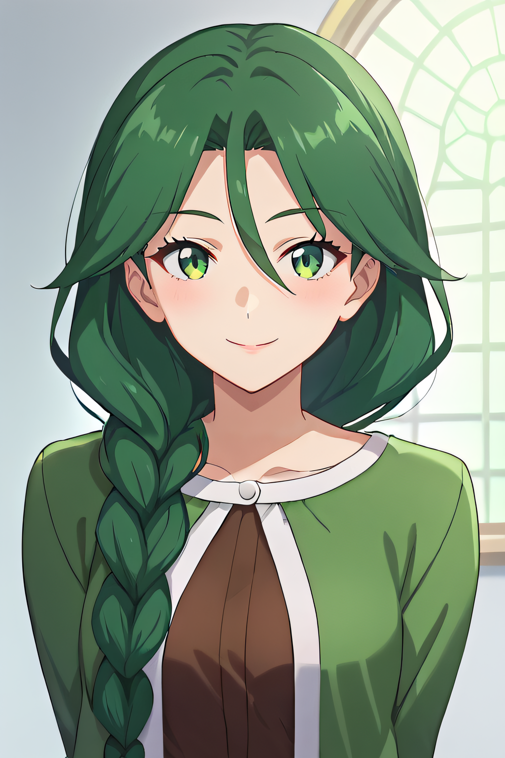 score_9, score_8_up, score_7_up, source_anime, rating_safe, intricate details, anime screencap, official style, 1girl, solo, <lora:PONY_Cheryl_v2:1>, cheryl, green eyes, green hair, hair over shoulder, single braid, green jacket, brown shirt, long sleeves, upper body, looking at viewer, indoor, arms behind back, bent over, naughty face, smile