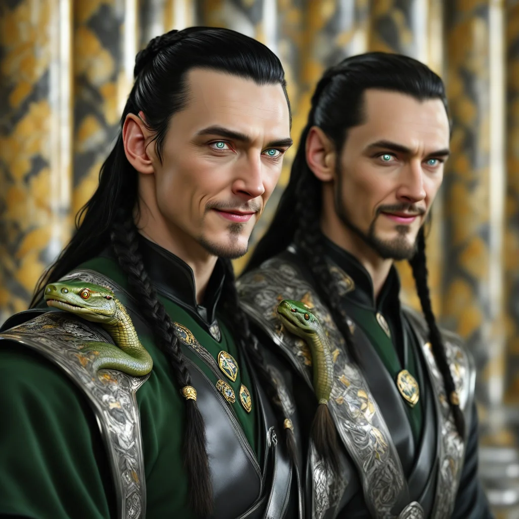 nbn-loki, loki, man, 1boy, facial hair, solo, braid, black hair, beard, long hair, looking at viewer, blurry background, mustache, realistic, short beard, twin braids, smirk, mischievous, golden inlays, snake insignia, hair slicked back