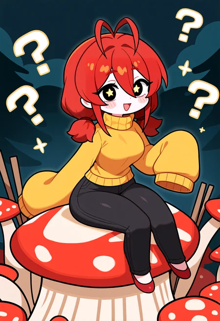 very awa, masterpiece, best quality, year 2024, newest, highres, absurdres, <lora:age_slider_v4:3> <lora:thicc_v1.4-pony:1.2>,detailed_background,outdoors,?,hand up,black eyes,open mouth,low twintails,star-shaped pupils,antenna hair,derurago,yellow pupils,twintails,turtleneck sweater,star \(symbol\),medium hair,long sleeves,sweater,red hair,solo,sitting,red footwear,1girl,chibi only,blush stickers,sidelocks,food-themed clothes,symbol-shaped pupils,mushroom,highres,chopsticks,sleeves past fingers,turtleneck,pants,shiitake,full body,sleeves past wrists,black pants,yellow sweater,lobster girl,hair between eyes