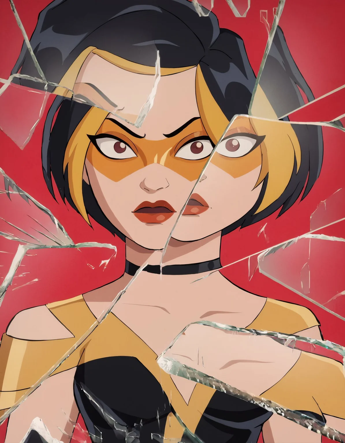 score_9, score_8_up, score_7_up, score_6_up BREAK, IncrsXLBrknGls, broken glass, reflection, upper body, g0g1-dh, 1girl, suprised, solo, short hair, black hair, gold hair, multicolored hair, choker, domino mask, makeup, lipstick, dress <lora:Golden_Glider_Kite_Man_r1:0.7> <lora:BreakingGlassXLPDCAME:1>